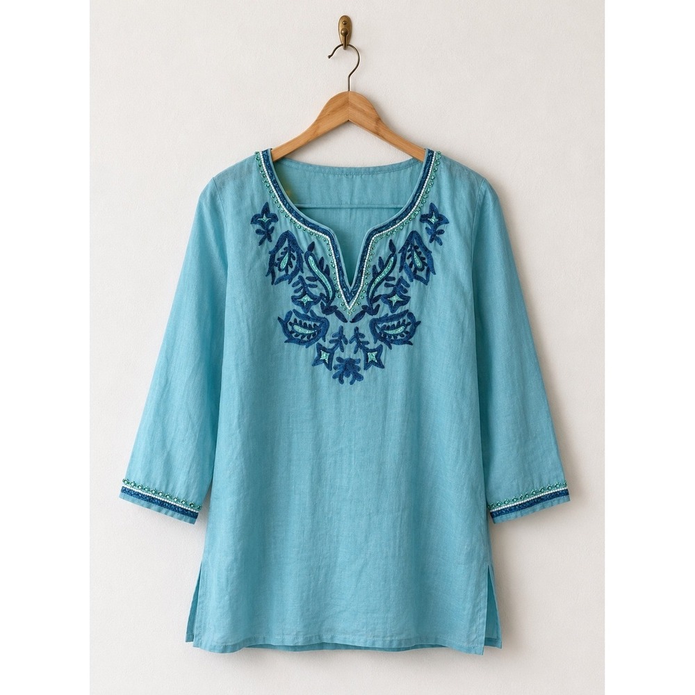 Journal Embroidered Tunic Women 6 Turquoise Blue Beaded‎ Boho Cotton Top Cottage